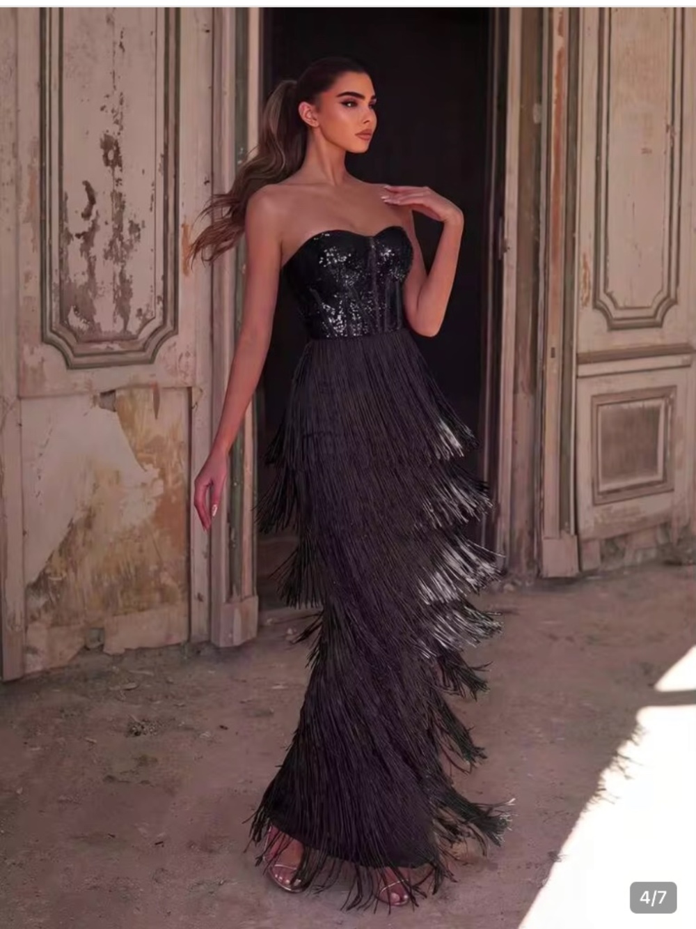 Faeriesty Black Sequin Fringe Strapless Maxi Dress XL